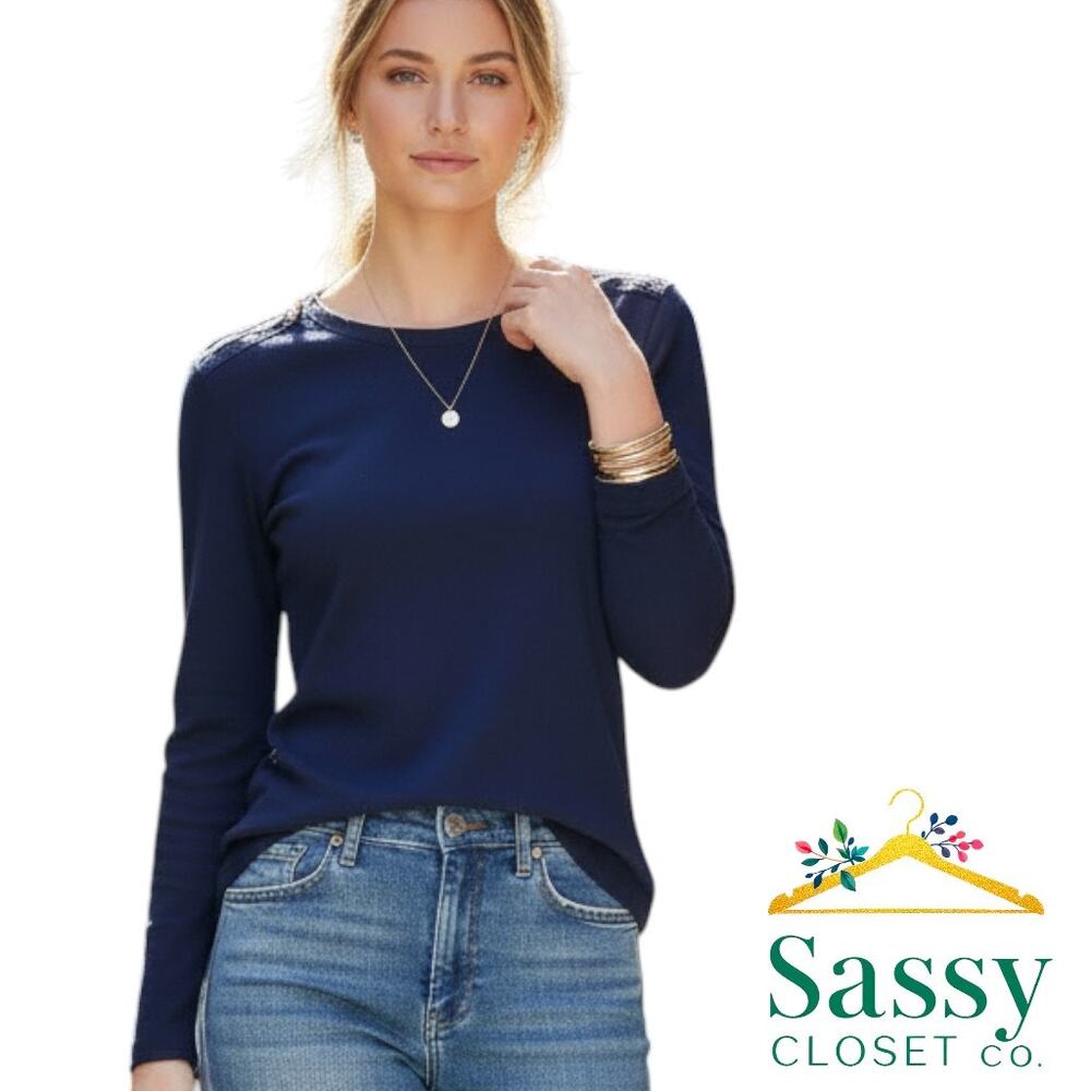 Lauren Ralph Lauren Navy Ribbed Long Sleeve Gold Zip Shoulder Top Women’s XL EUC